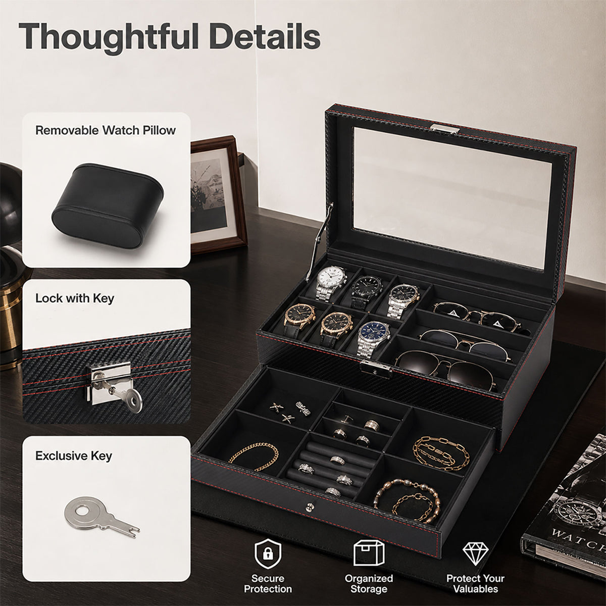 Watch Box Watch Storage Jewelry Box 2 Layer Glass Lid Lockable Display Black