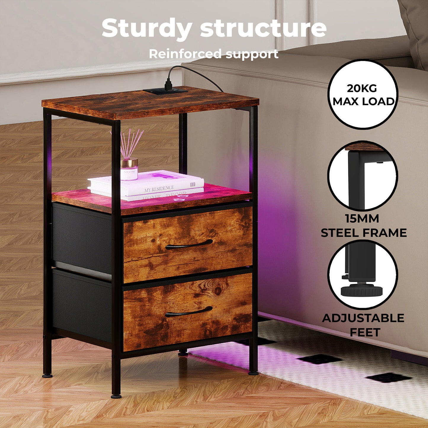 Levede LED Bedside Table 2 Drawers USB Ports Sofa End Table in Brown Black