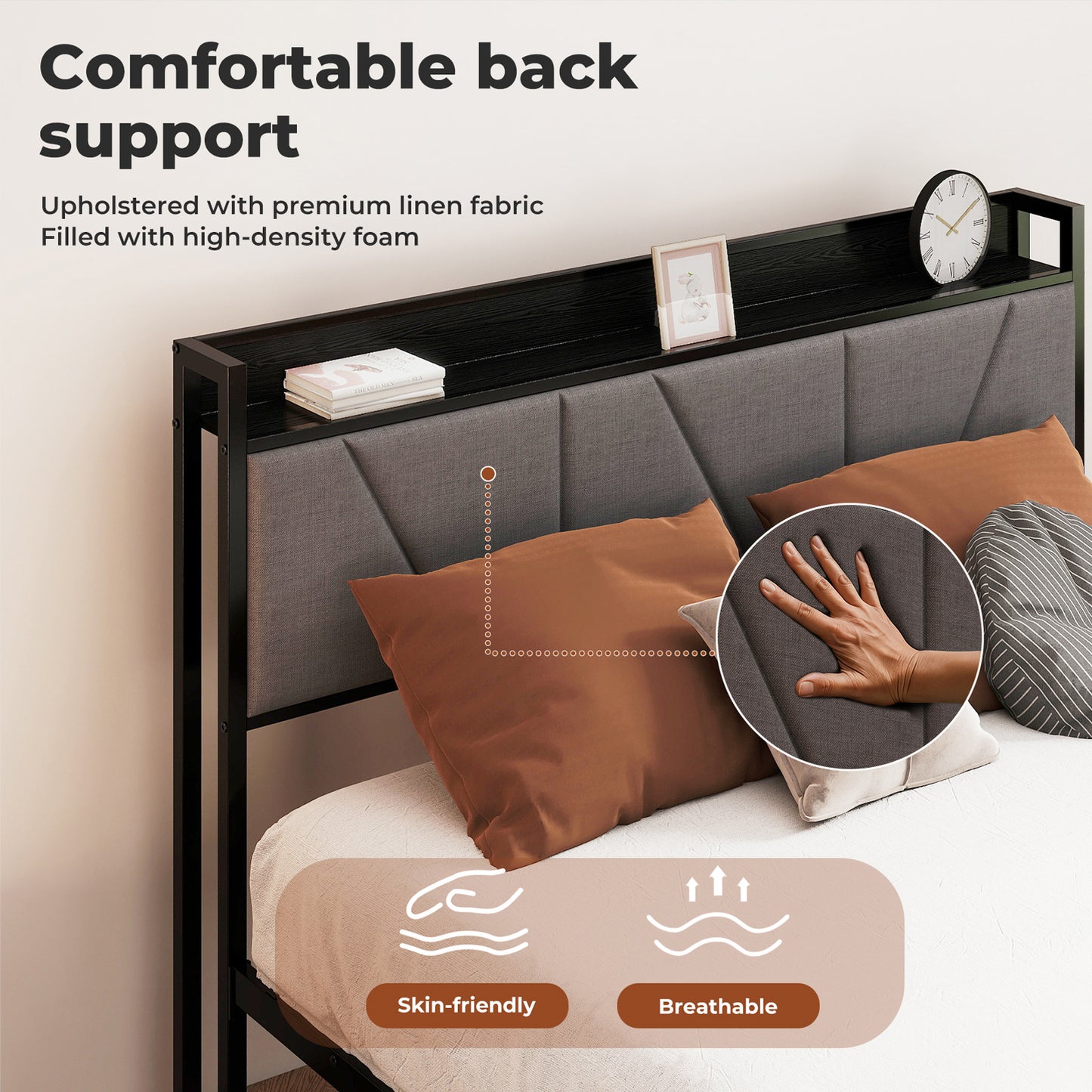 Levede Double Bed Frame Metal Platform Linen Upholstered Headboard with Storage