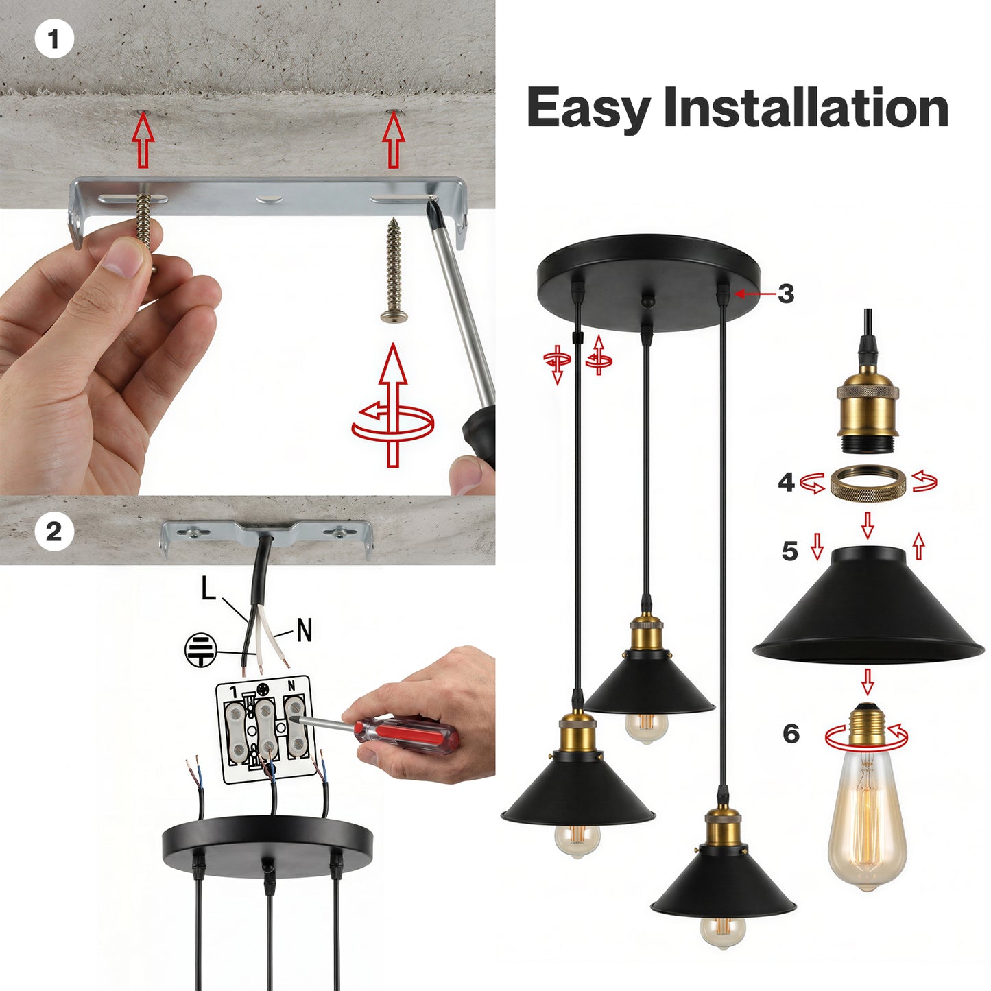 Emitto Pendant Light 3 Lights Height Adjustable Vintage Ceiling Light Black