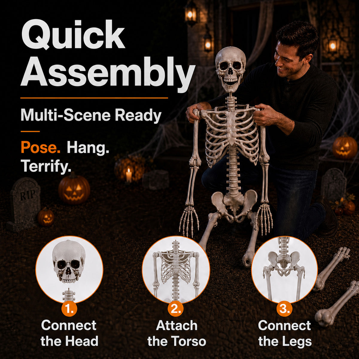 Yezi Halloween Skeleton Life Size 169cm Posable Jointed ABS Spooky Patio White