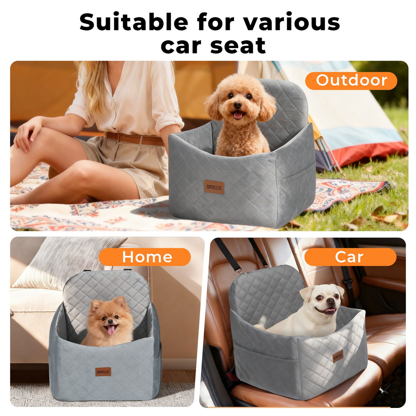Skylos Pet Booster Dog Car Seat Safe Travel Carrier Bed Bag Basket Puppy Grey