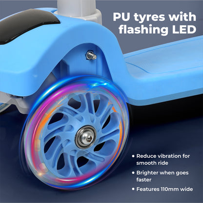 Dekko Foldable Kids Scooter Adjustable Height Flashing LED Music 3 Wheels Blue