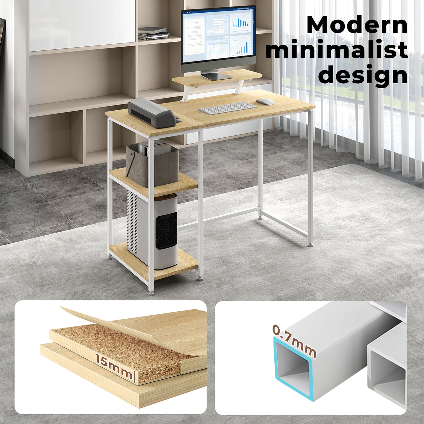Levede Office Desk Ergonomic Computer Table with Storage Shelves Monitor Stand