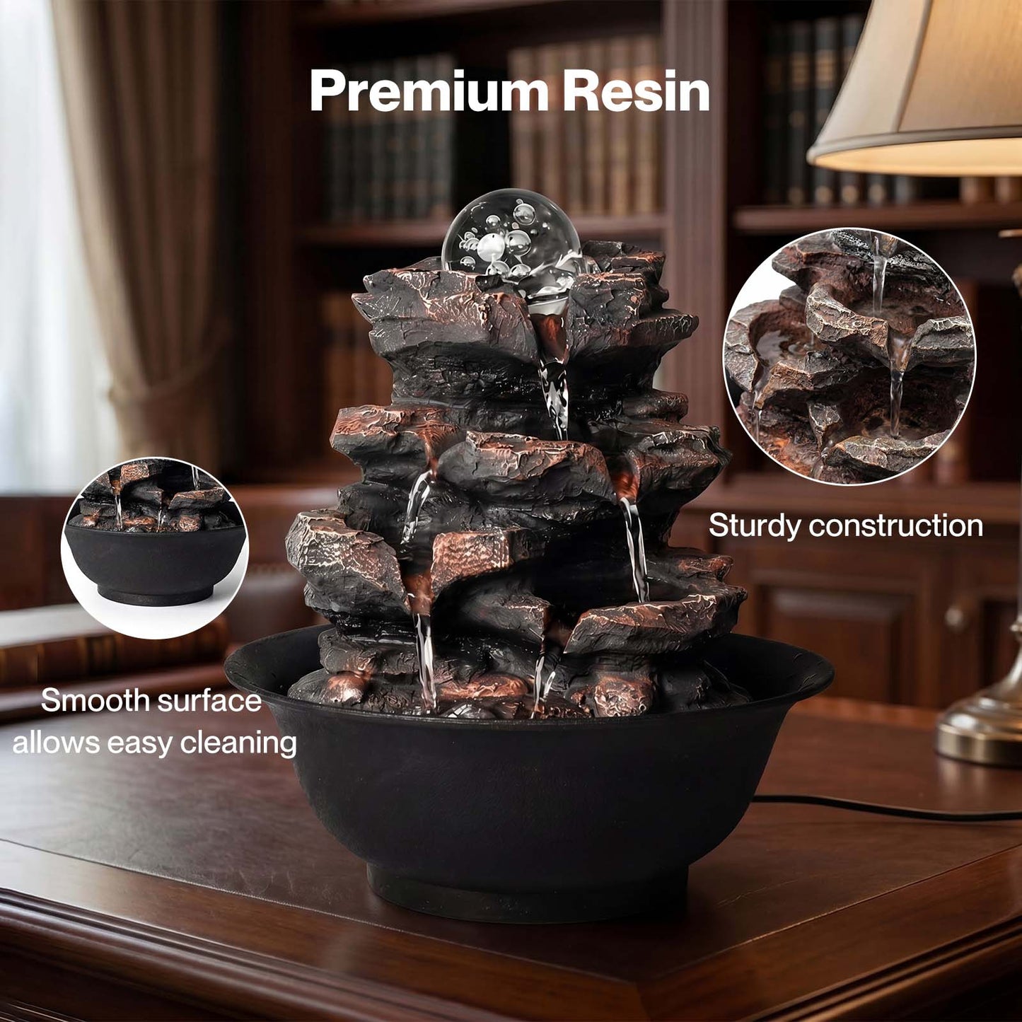 Spector Water Fountain Tabletop Glass Ball Feature 3-Speed Flow Resin Rock Brown