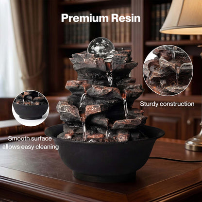 Spector Water Fountain Tabletop Glass Ball Feature 3-Speed Flow Resin Rock Brown