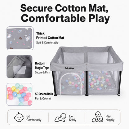 Dekko Baby Playpen Foldable Playpen With Mat 50 Balls Easy Setup Indoor Grey