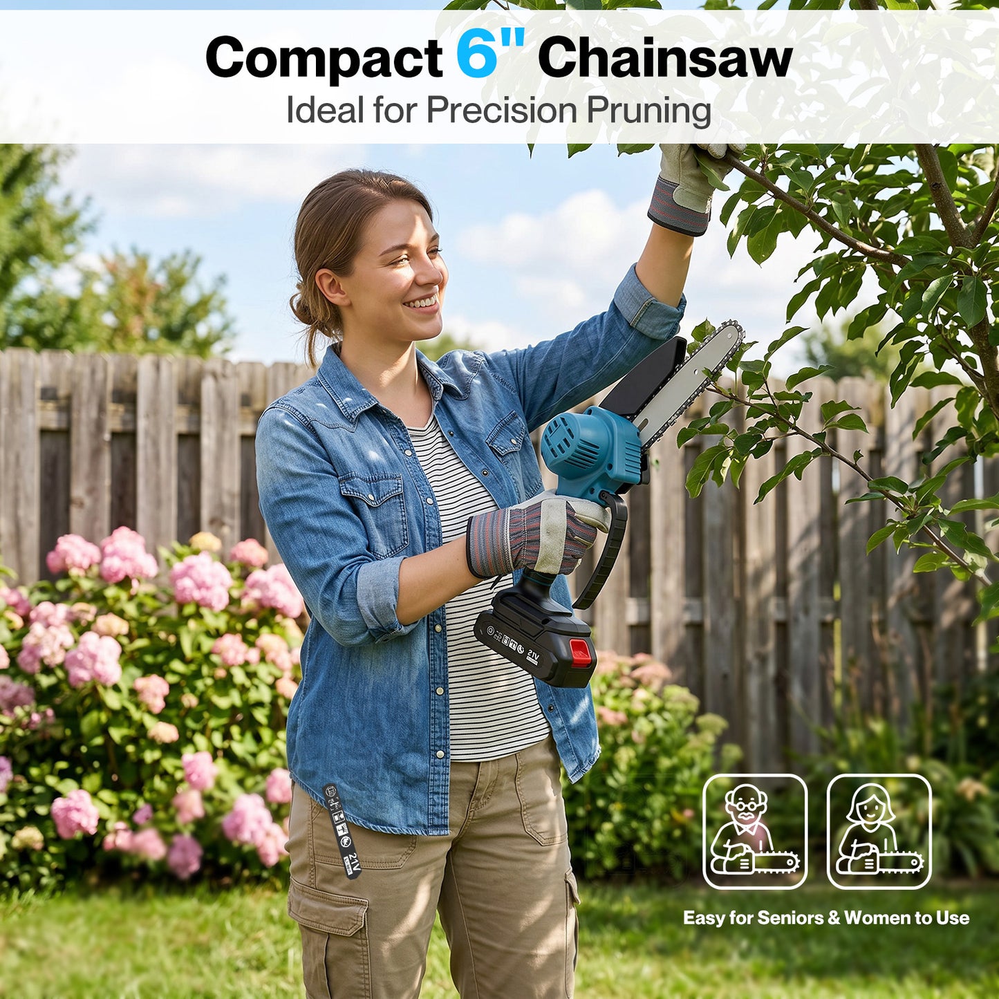 Traderight Mini Chainsaw Cordless 6In and 8In Dual Bar Garden Pruning Black Blue