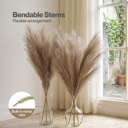 Santaco Pampas Grass Artificial 3Pcs 116cm Handcrafted Faux Silk Vase Brown