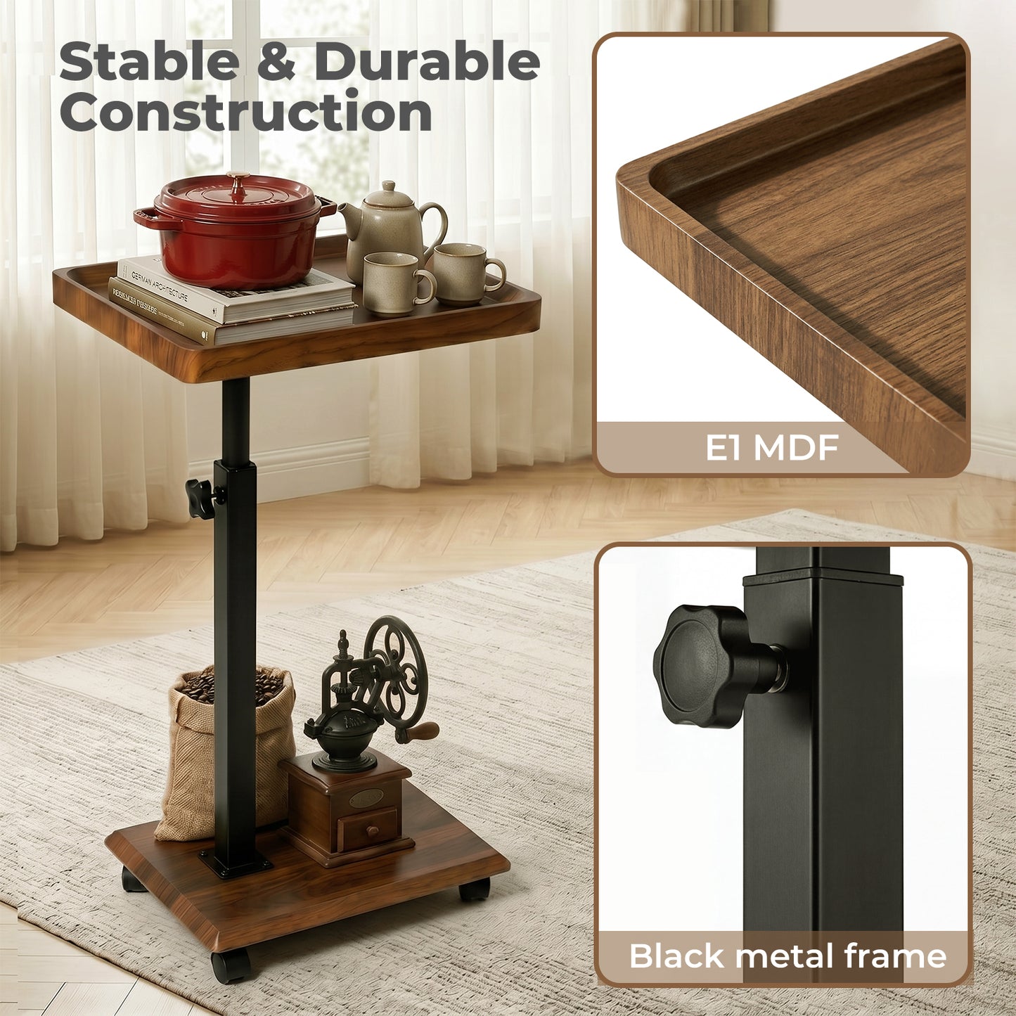 Levede C Shaped Side Table Height Adjustable Rolling 360° Swivel Top End Table
