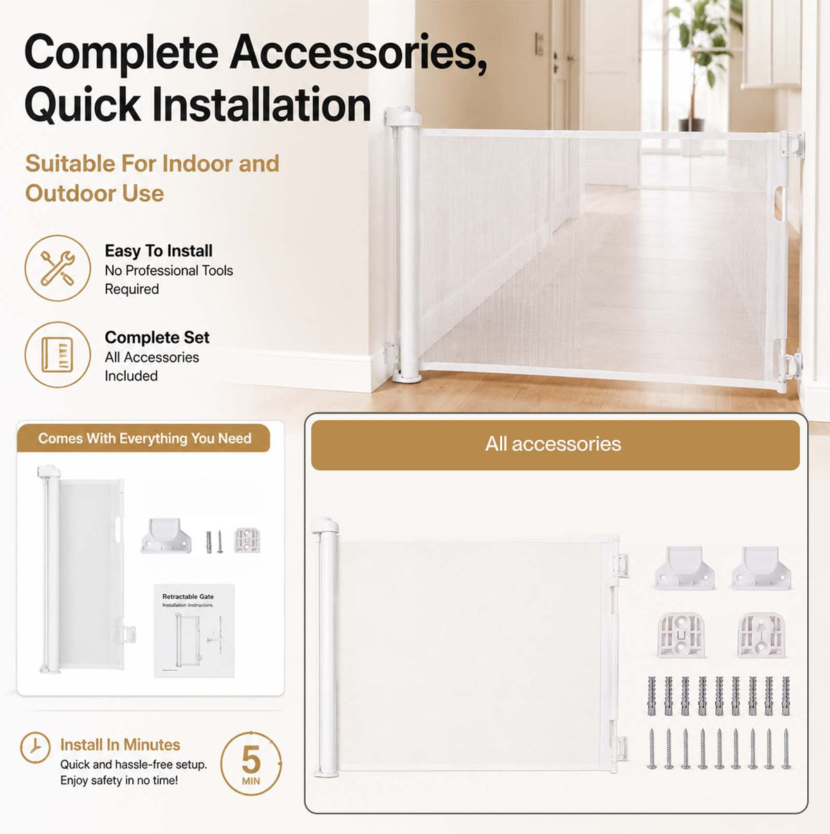 Dekko Retractable Stair Gate One Hand Lock 150cm PVC Mesh For Hallways Grey