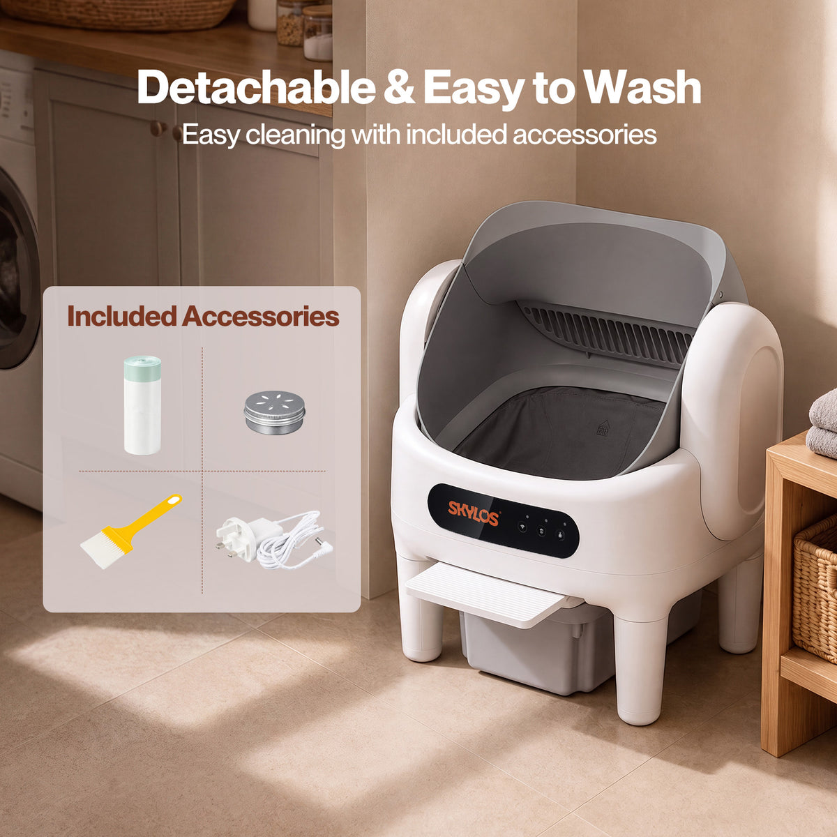 Skylos Cat Litter Tray Self Cleaning App Control Quiet for Multi Cats White
