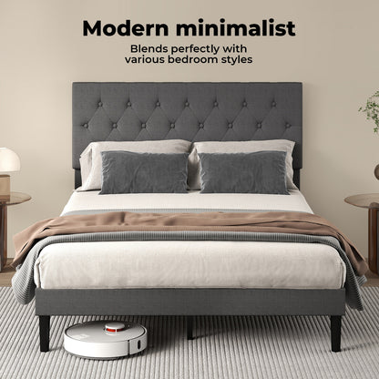 Levede Bed Frame Double Upholstered Linen Fabric Soft Foam Headboard Wooden Grey