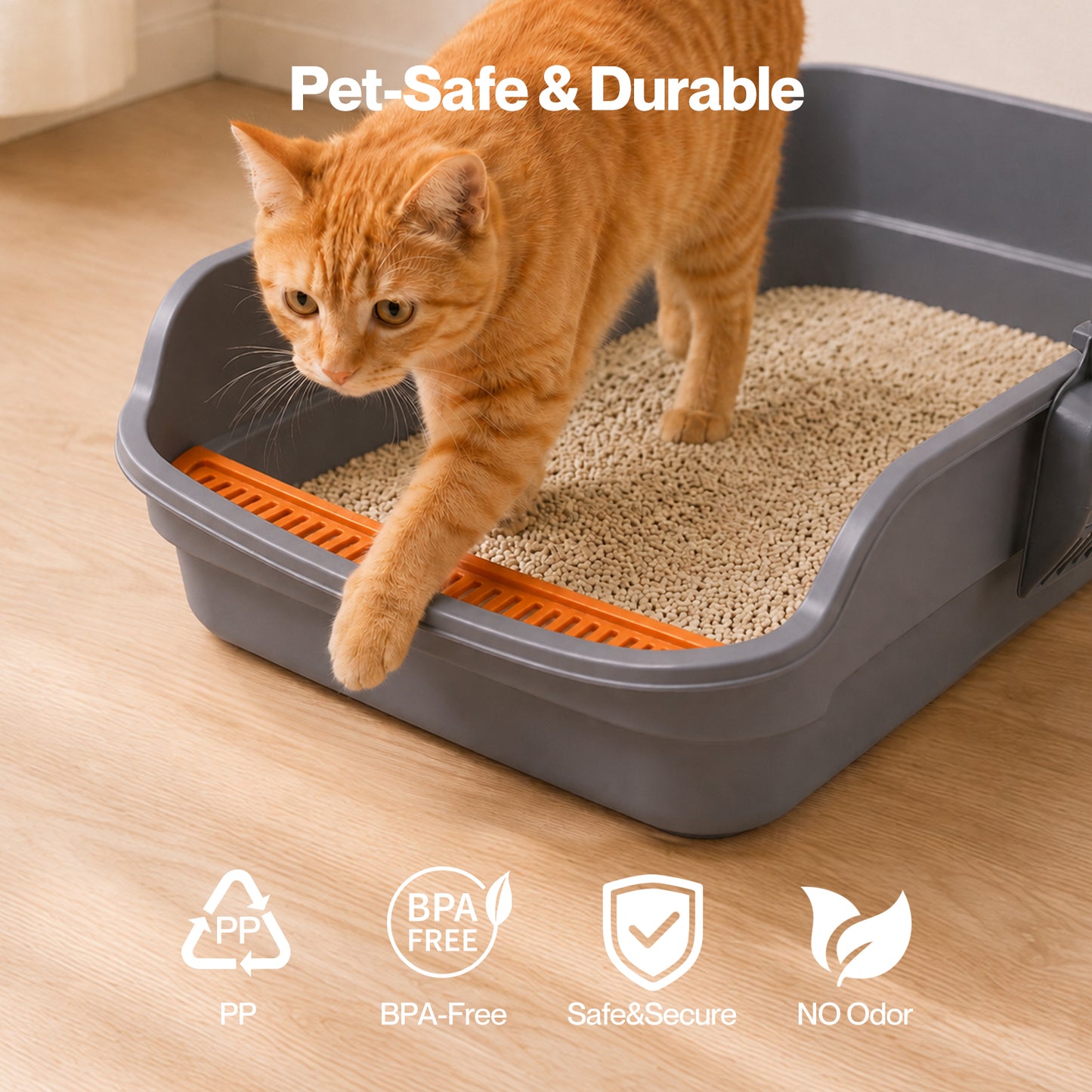 Skylos Cat Litter Tray Spacious High Sided Low Entry Open Pan for Cats Grey