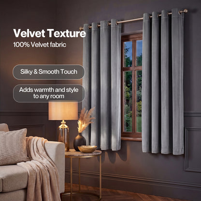 Marlow Thick Thermal Blackout Curtains Velvet 46x54 Inch Eyelet Ring Top Grey