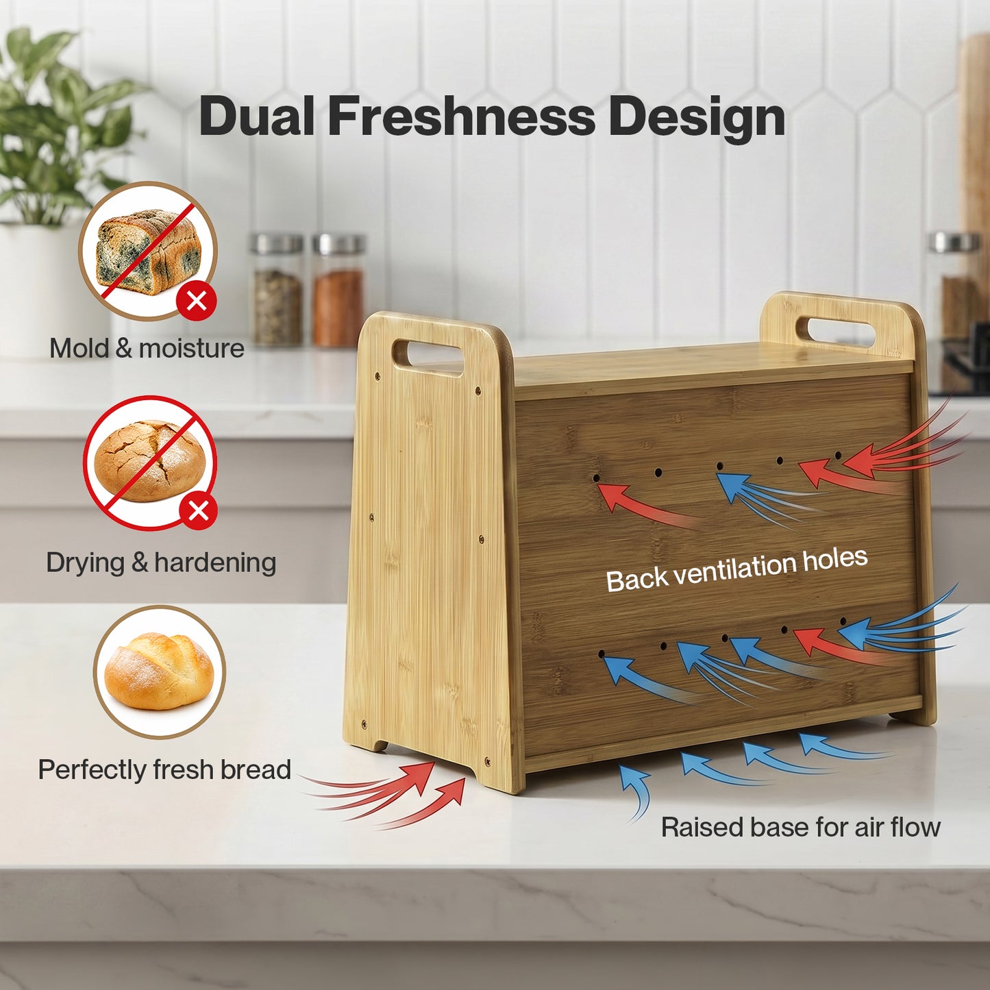 TOQUE Bread Box 20L 2-Tier Bamboo Bread Bin Storage Acrylic Door Natural