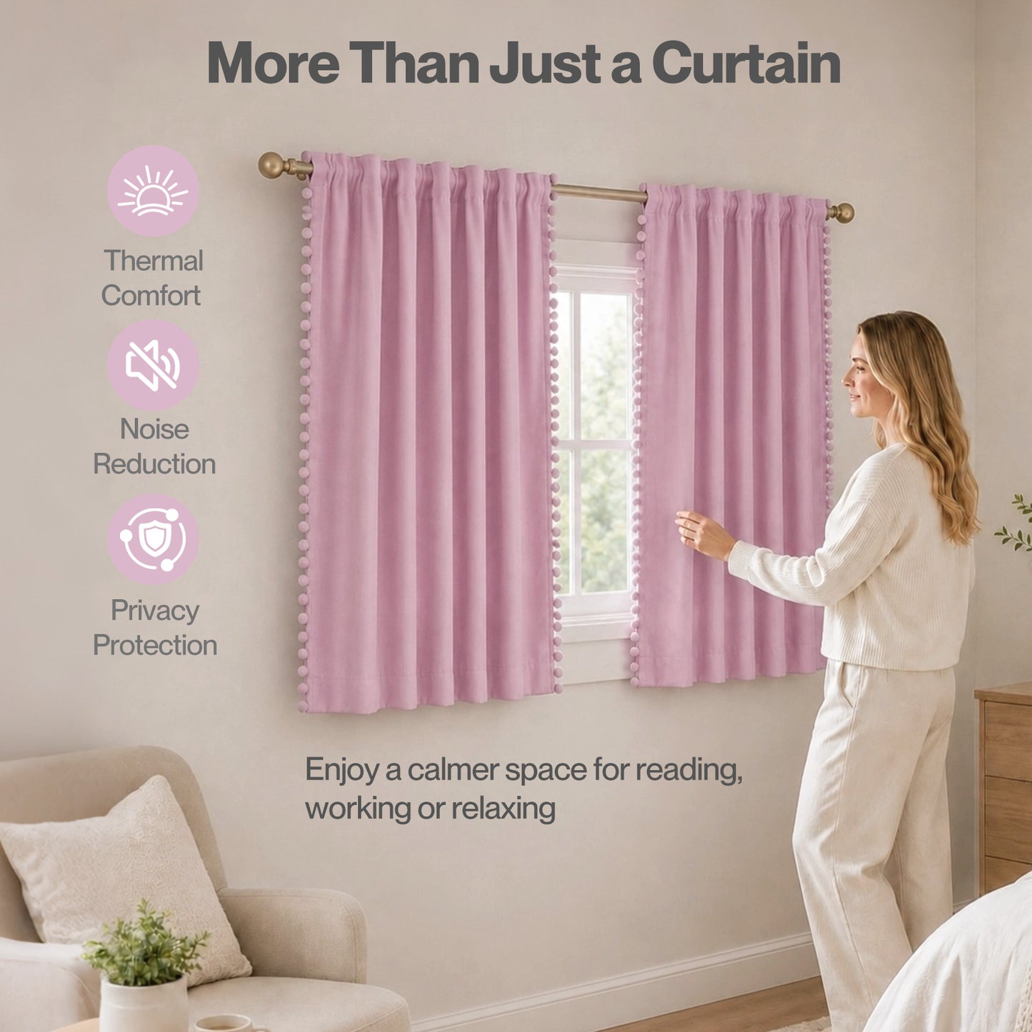 Marlow Pink Pom Pom Curtains for Nursery Baby Girls Room 46"x54" in Pink