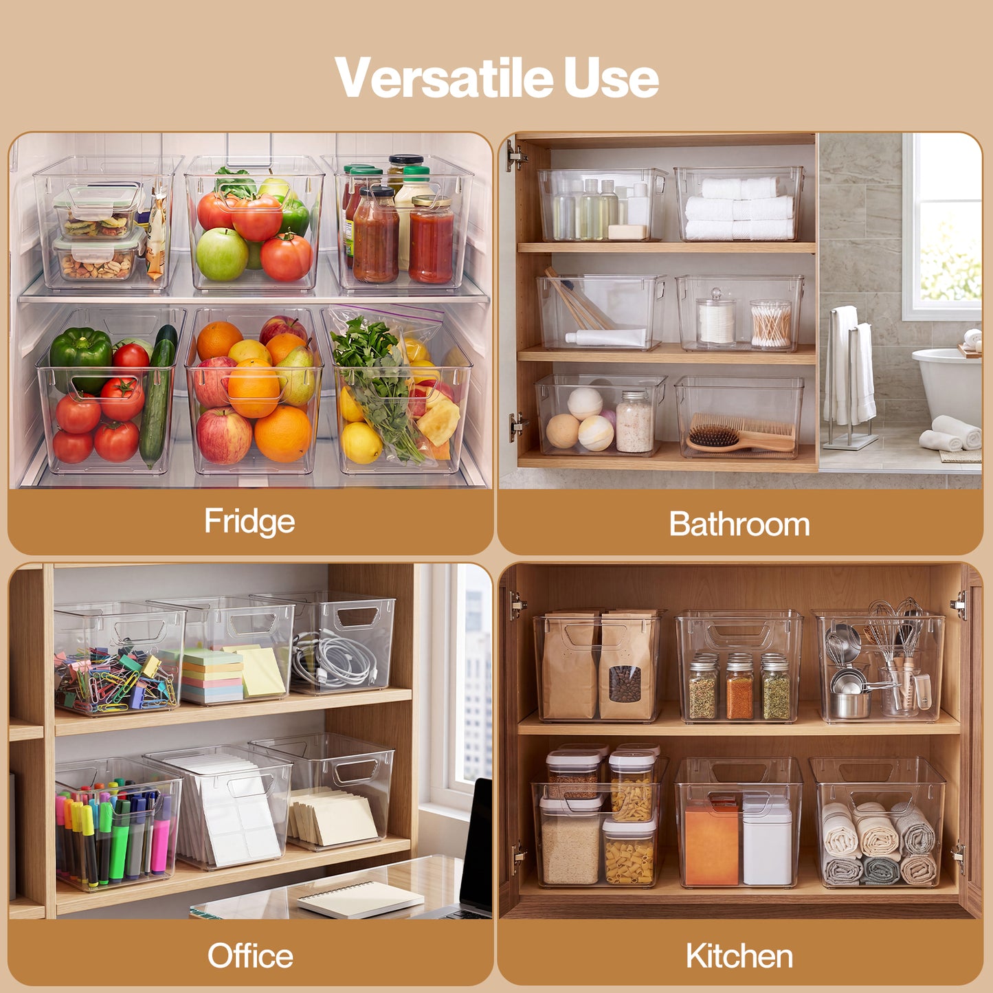 TOQUE 6PCS Fridge Storage Bins Clear Kitchen Organiser Containers PET Stackable