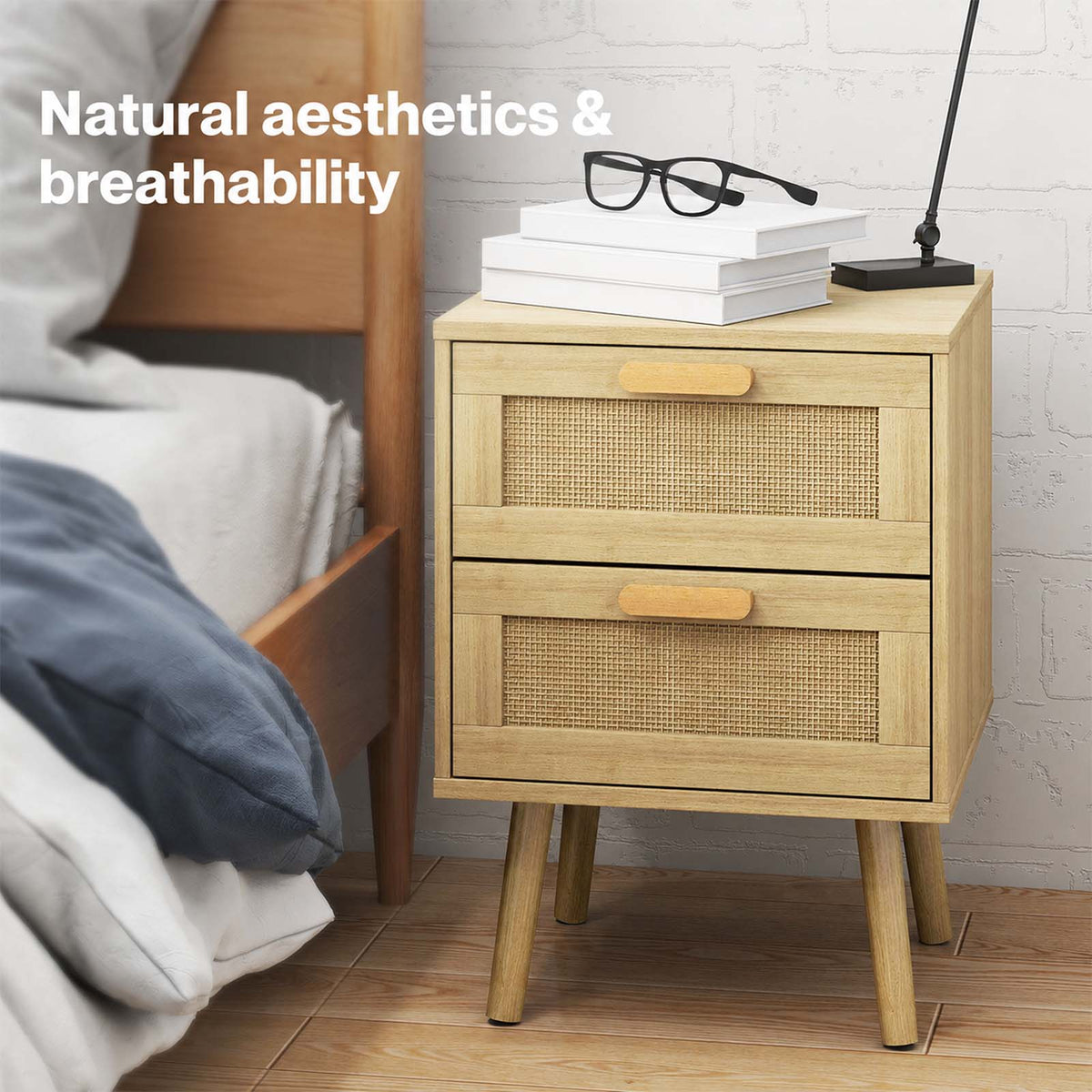 Levede Bedside Table Rattan 2 Pack Drawers Nightstand End Table Bedroom Bamboo