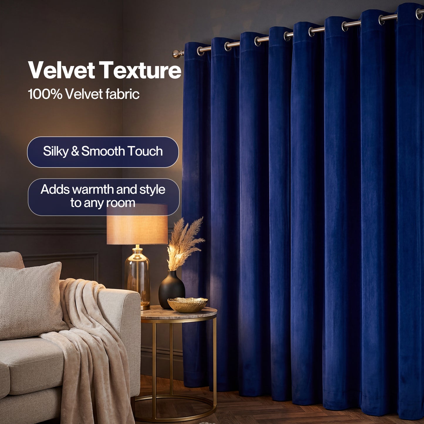 Marlow Thick Thermal Blackout Curtains Velvet 66x90 Inch Eyelet Ring Top Blue