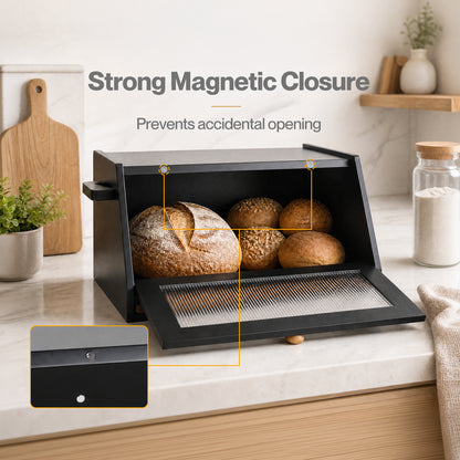 TOQUE Bread Box  Wooden Bread Bin 2-Tier Bamboo Bread Storage Holder Black