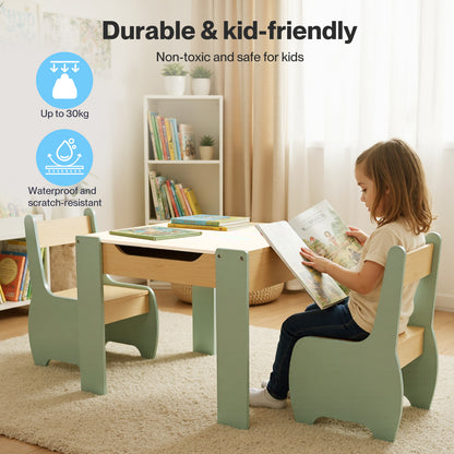 Levede Kids Table and Chair Sets 3-in-1 Study Toy Storage MDF Safe Design Green