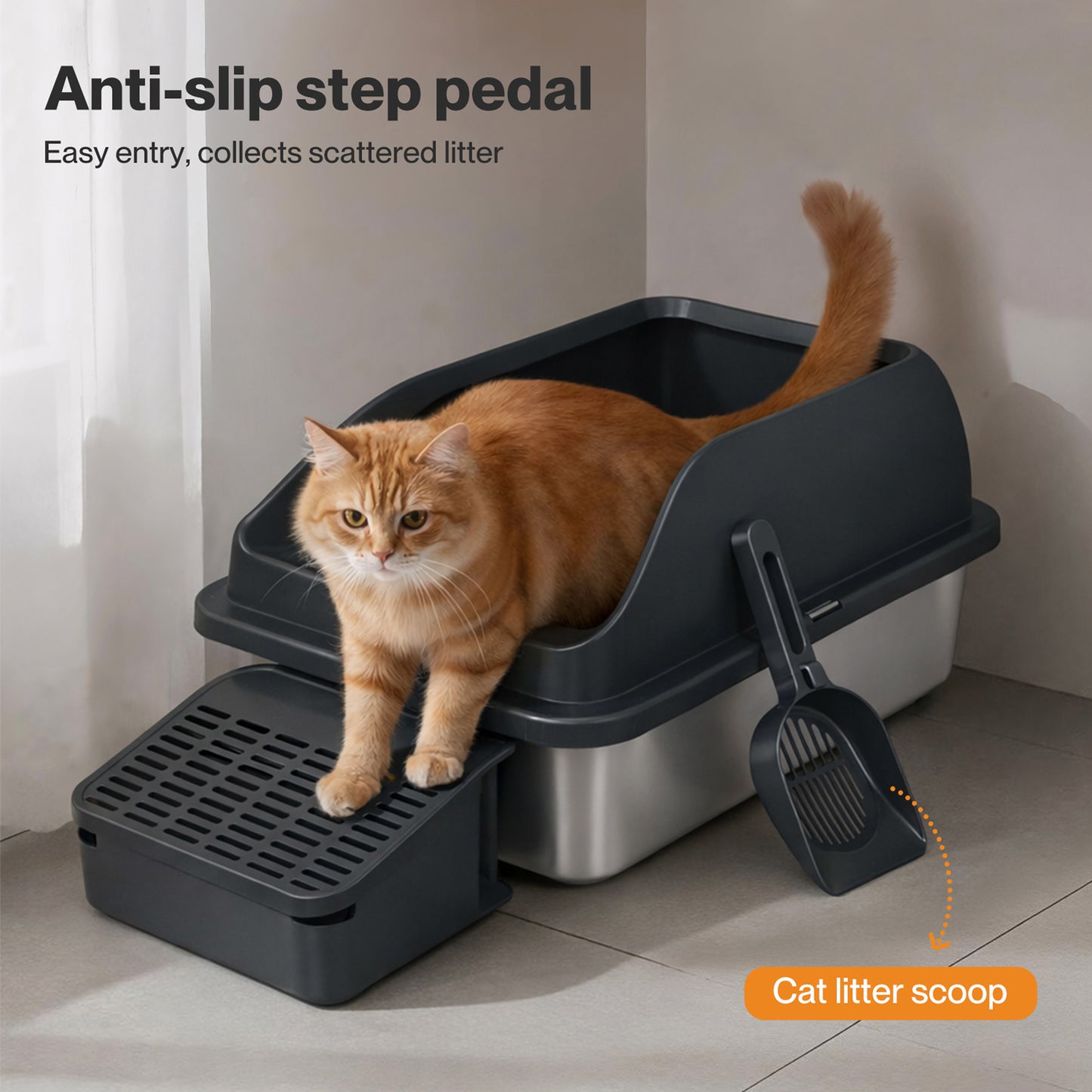 Skylos Stainless Steel Cat Litter Box Big Cats Kitten High Sided Easy Clean Grey