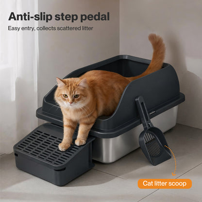 Skylos Stainless Steel Cat Litter Box Big Cats Kitten High Sided Easy Clean Grey