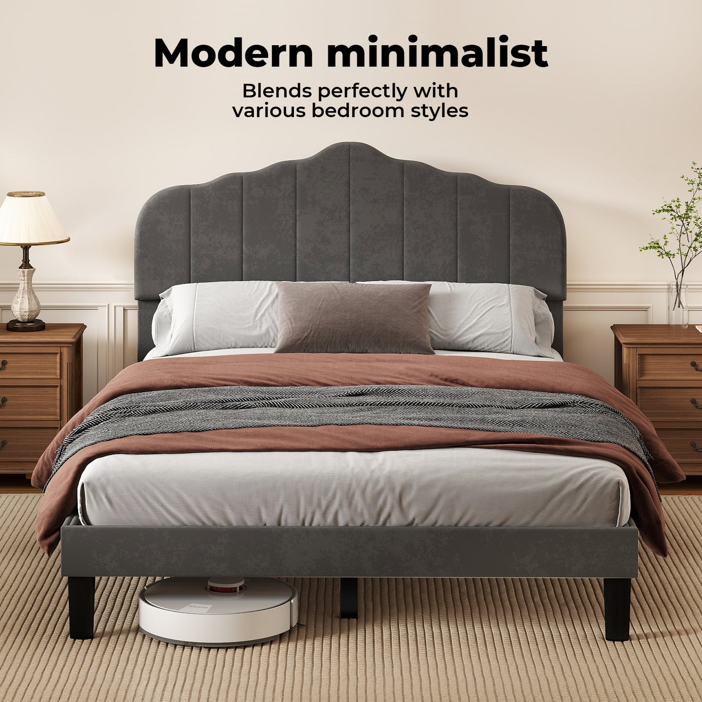 Levede King Upholstered Bed Frame Linen Fabric Platform Base Scalloped Headboard
