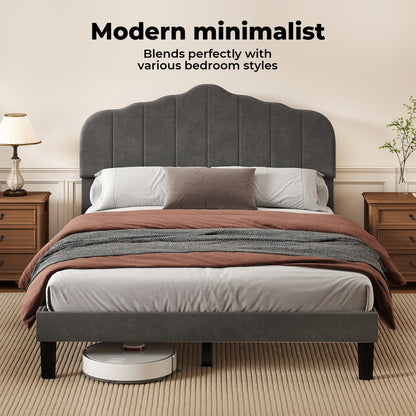 Levede King Upholstered Bed Frame Linen Fabric Platform Base Scalloped Headboard