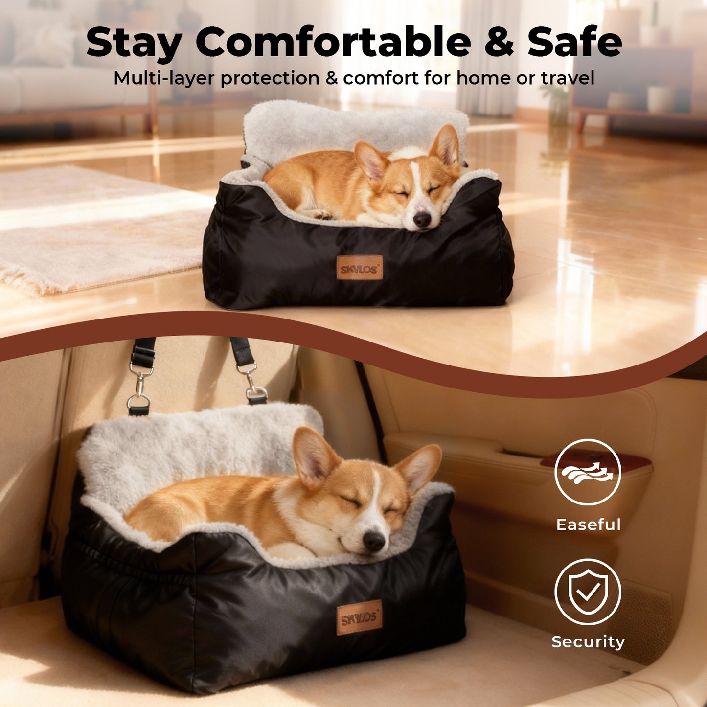 Skylos Dog Car Seat Bed Pet Booster Seat Pet Travel Carrier with Safety Leash