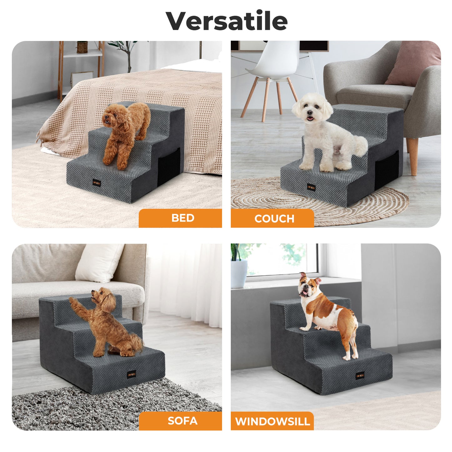 Skylos Dog Steps Pet Stairs Ramp 3 Step for High Bed Sofa Memory Foam Washable