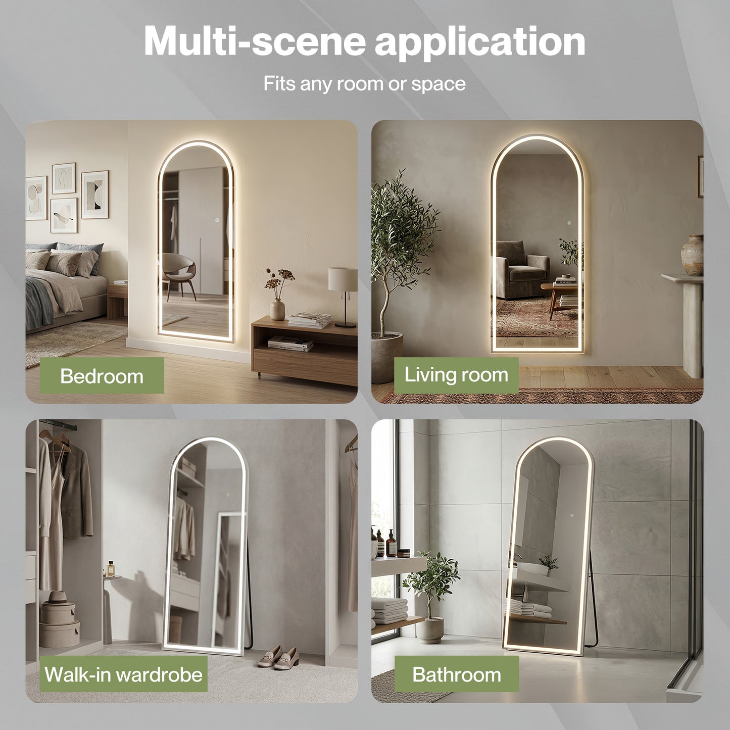Yezi Full Length Mirror Arched LED Touch Buttons Light-Adjustable 140x50cm White