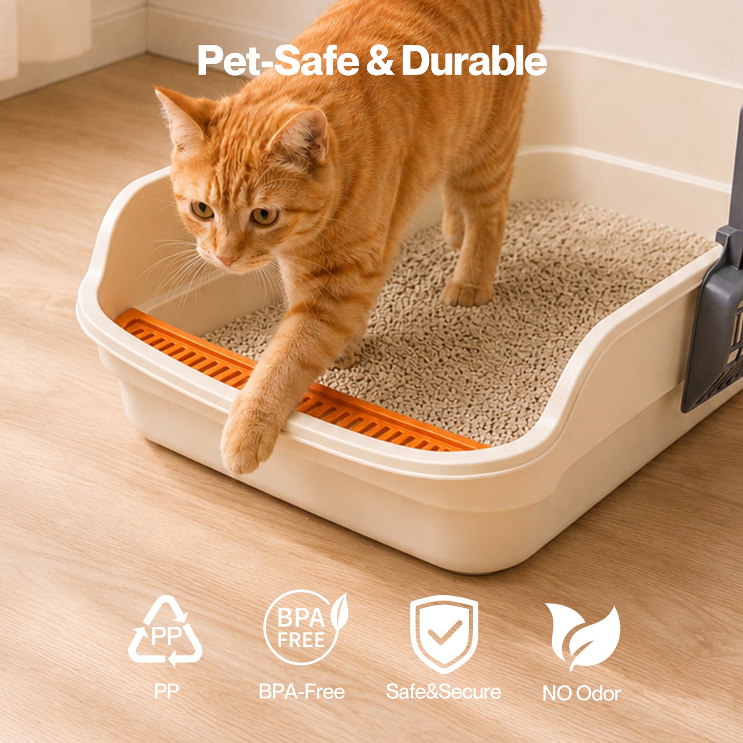 Skylos Cat Litter Tray Spacious High Sided Low Entry Open Pan for Cats Beige