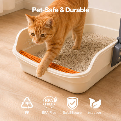 Skylos Cat Litter Tray Spacious High Sided Low Entry Open Pan for Cats Beige
