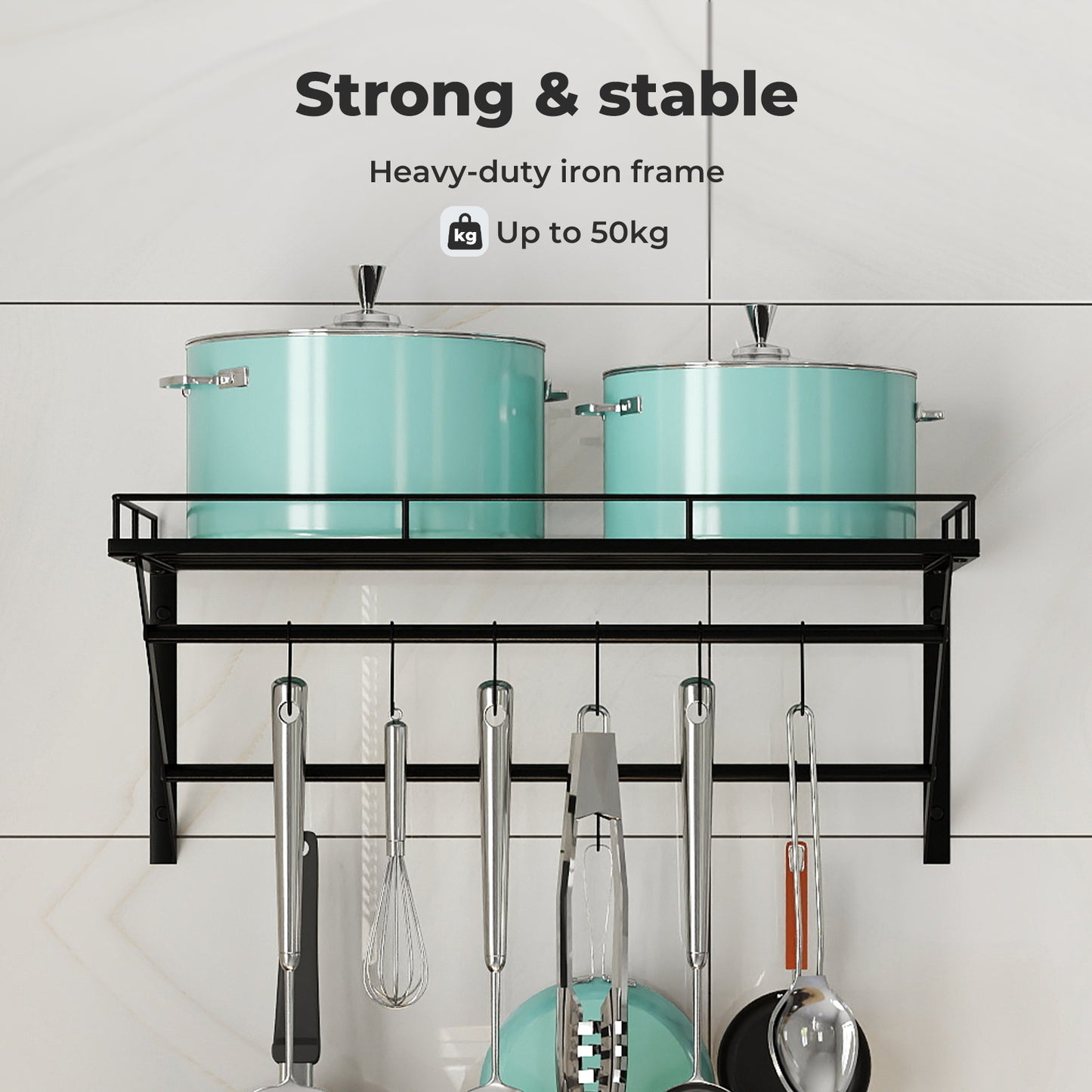 Toque Wall Mounted Pot Pan Rack Multipurpose Utensil Rail Holder Shelf 12 Hooks