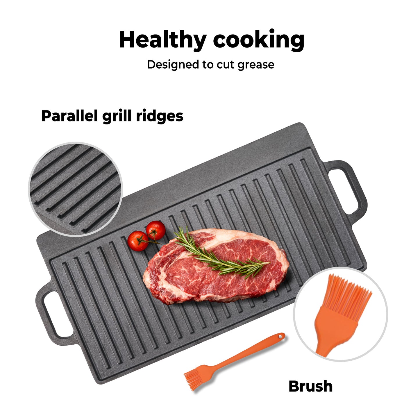 Toque Reversible Cast Iron Griddle Plate Non-Stick Grill Skillet Pan 49.5cm BBQ