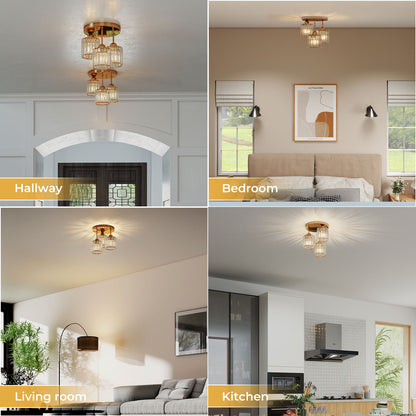 Emitto Crystal Ceiling Light 3 Light E27 Chandelier Semi Flush Mount Lamp Gold