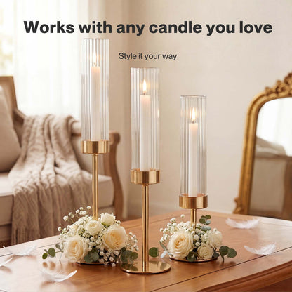 Levede Candle Holder Gold Metal Glass Tube Candlestick Holders Set of 3 Decor