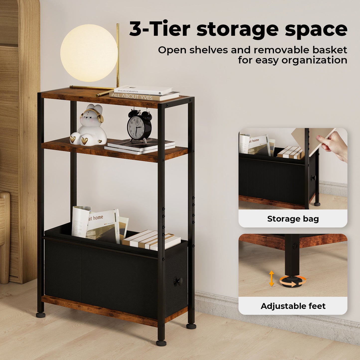 Levede Side End Table Industrial 3 Tier Wooden Oxford Storage Basket Living Room