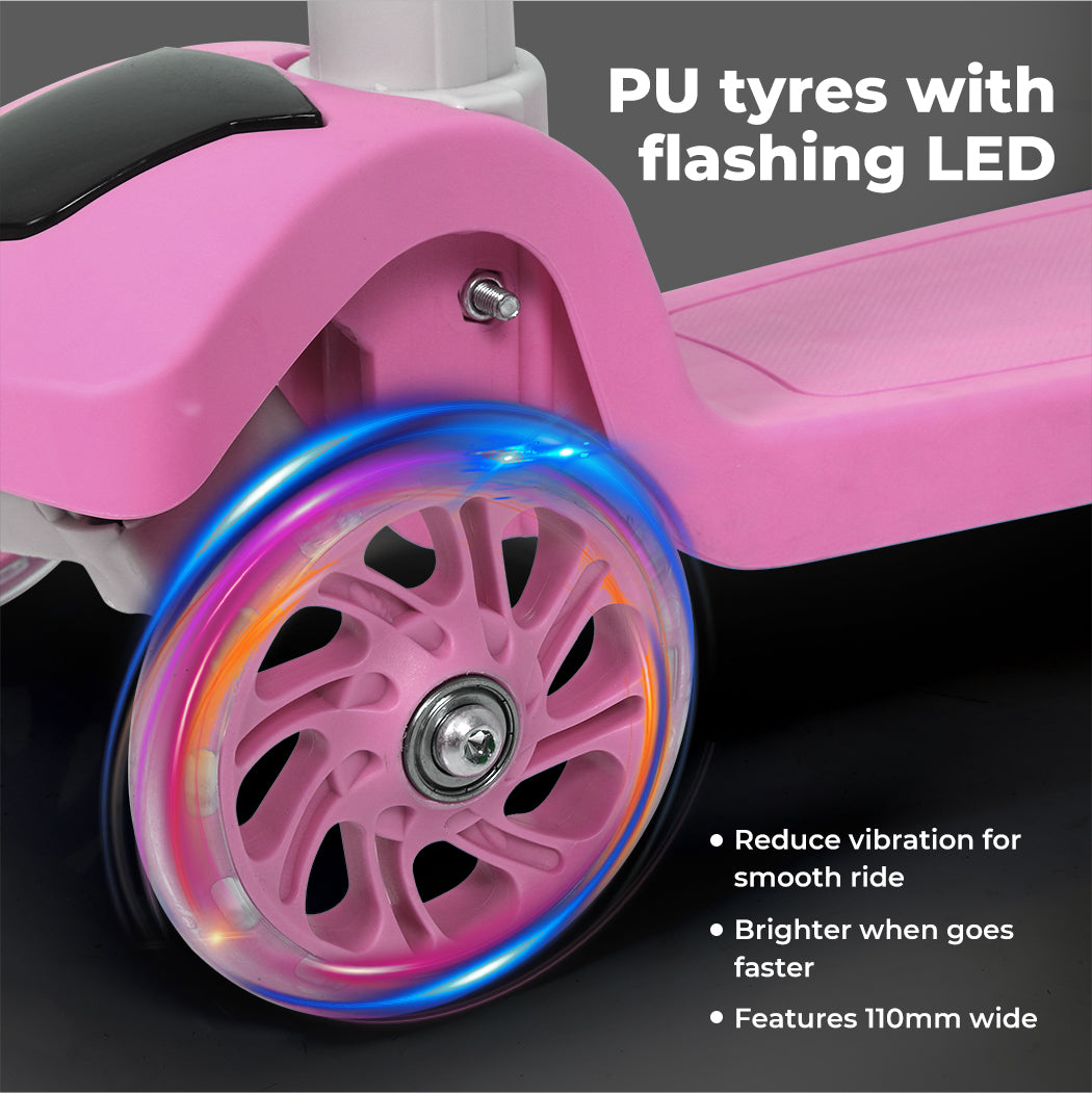 Dekko Foldable Kids Scooter Adjustable Height Flashing LED Music 3 Wheels Pink