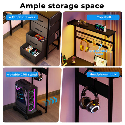 Levede L Shaped Gaming Desk with Led Light Storage Drawers Coner Computer Table