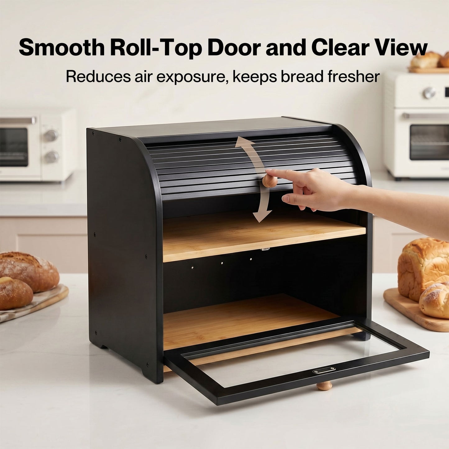 Bread Box  2-Tier Large Capacity Roll Top  Black Bamboo  Acrylic Door