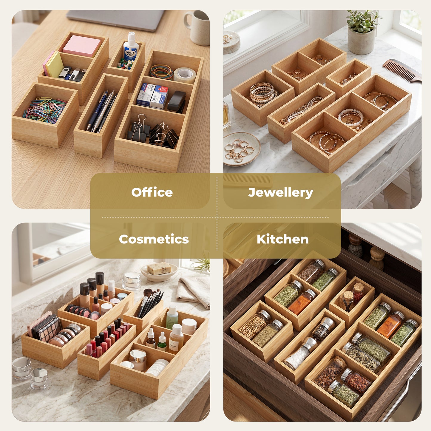 Toque 5 Pcs Bamboo Drawer Organizer Multi-Use Storage Box with Removable Divider