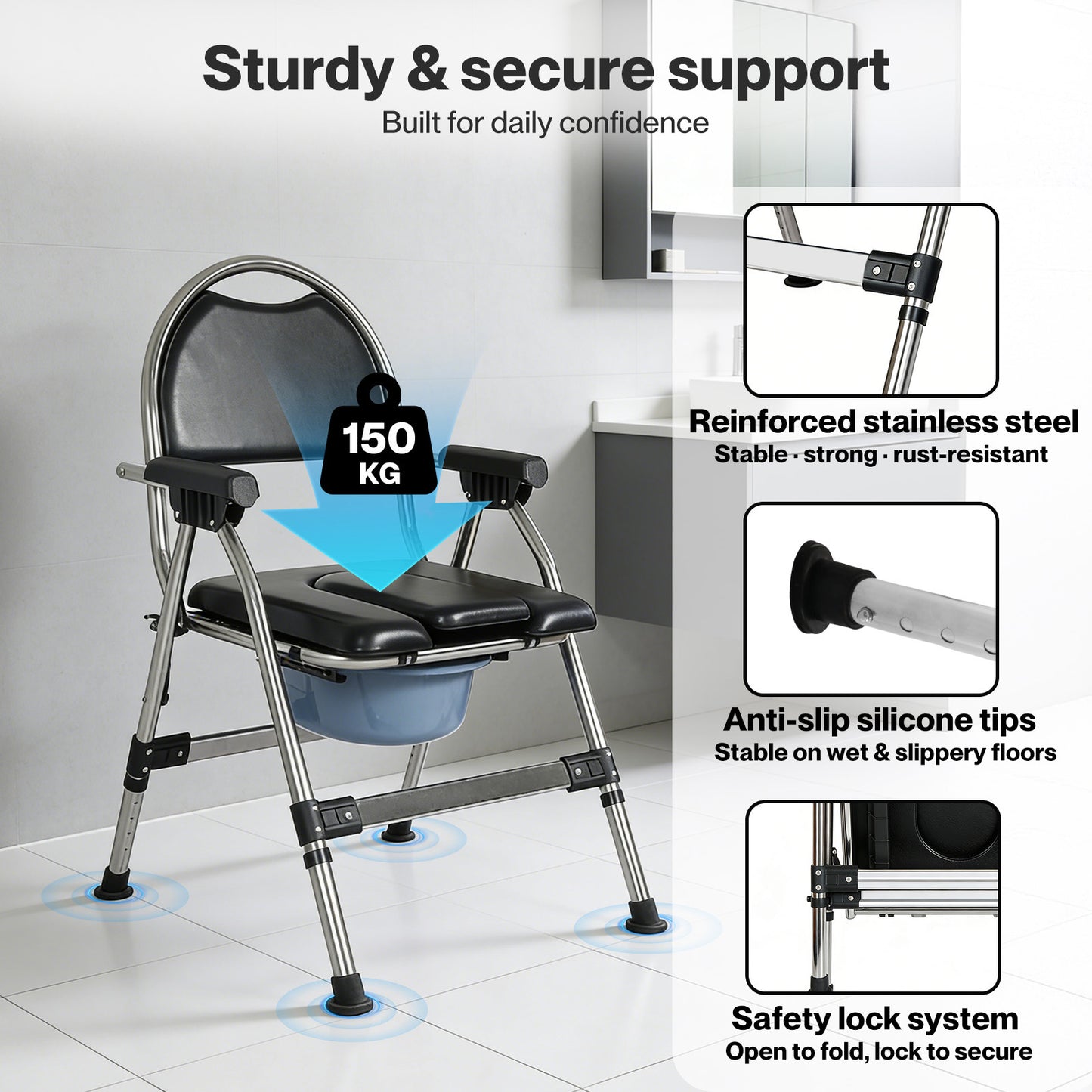 Levede Folding Commode Chair Adjustable Height Bedside Toilet Shower Seat 150kg