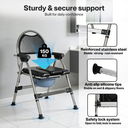 Levede Folding Commode Chair Adjustable Height Bedside Toilet Shower Seat 150kg