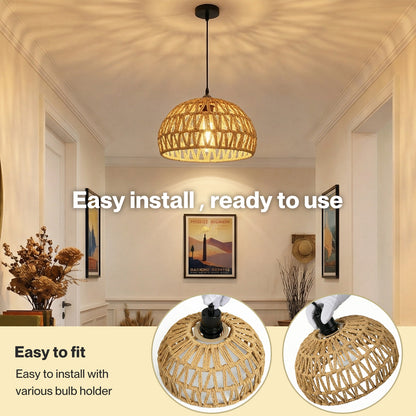 Emitto Rustic Ceiling Pendant Light Shade Hemp Rope Lamp Shade Boho Yellow 23cm