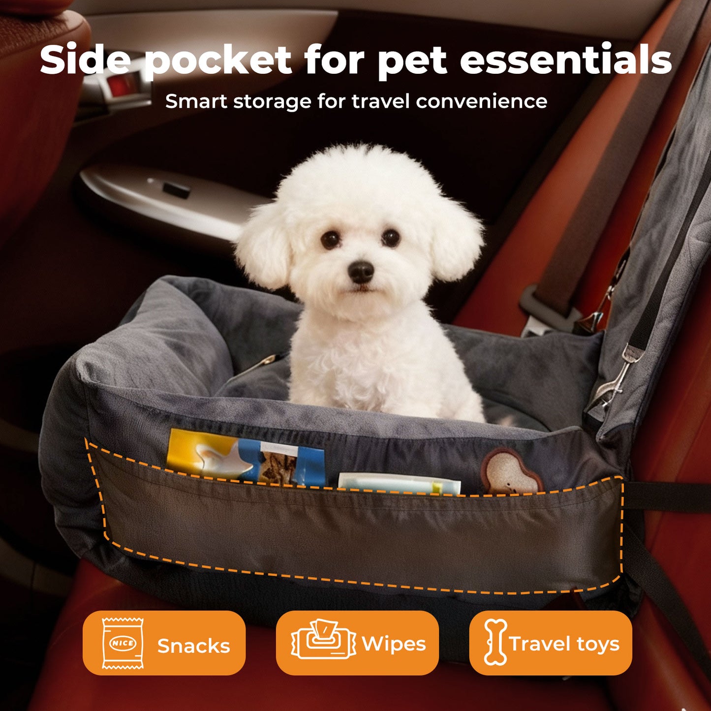 Skylos Dog Booster Car Seat Travel Carrier Plush Bed Basket Portable Pet Grey