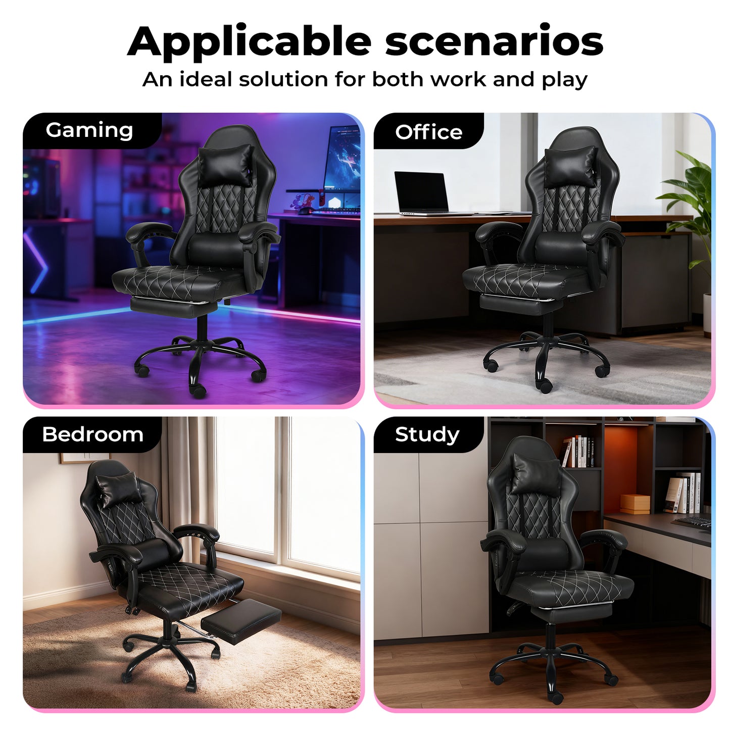 Levede Office Desk Chair PU Gaming Recliner Adjustable Height Swivel Black
