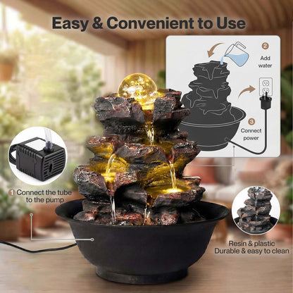 Spector Tabletop Water Fountain Indoor Water Feature LED Glass Ball Resin Brown